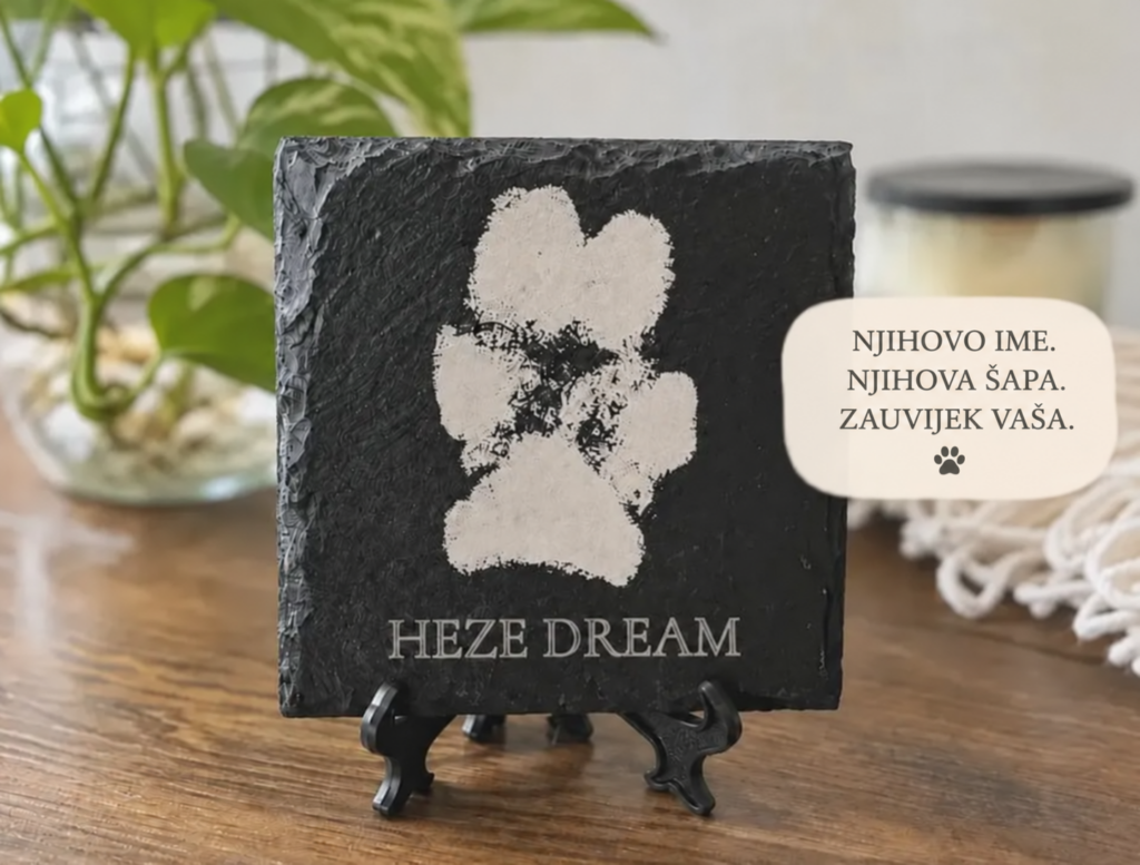Crni kameni podmetač s graviranim otiskom šape, imenom Heze Dream i porukom u bijelom oblačiću.